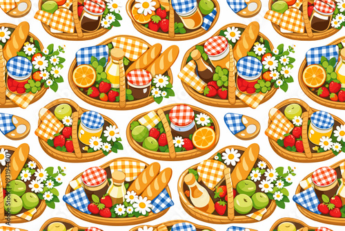 Baskets filled with fruits, jams, and bread during a picnic at a sunny outdoor location in spring