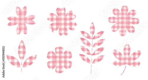 Collection of pink gingham patterned flowers and leaves with various shapes and styles
