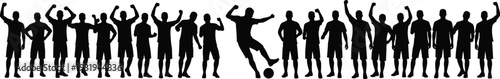 Silhouette vector illustration of soccer players celebrating teamwork with central figure kicking ball, sports victory concept, athletic competition artwork design.