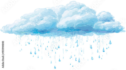 A cloudy illustration with a large, fluffy cloud in shades of blue. Raindrops fall below the cloud