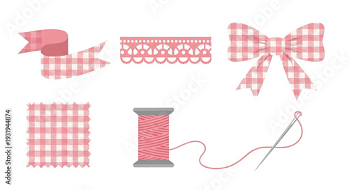 Sewing and crafting supplies with pink gingham fabric
