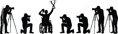 Silhouette wheelchair champion holding trophy, celebrated by photographers, victory achievement, inclusivity recognition, disability success, inspirational vector illustration scene