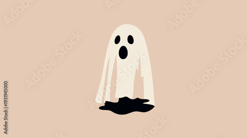 A white spectral form, with open mouth and black eyes, hovers against a beige backdrop
