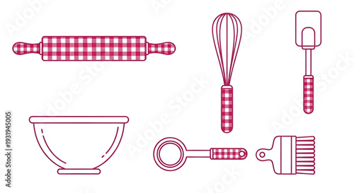 Baking outline icons vector set, collection of kitchen tools illustration, kitchen utensil signs in pink
