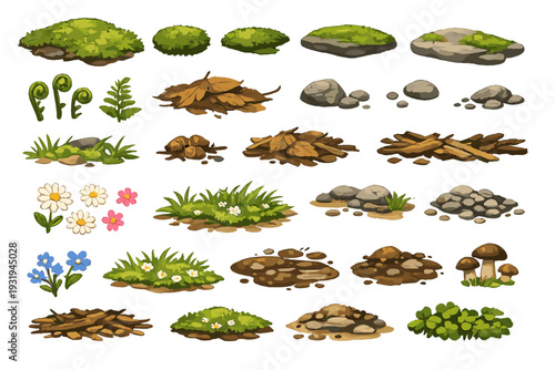 Various types of natural ground textures and elements for outdoor scenes or games