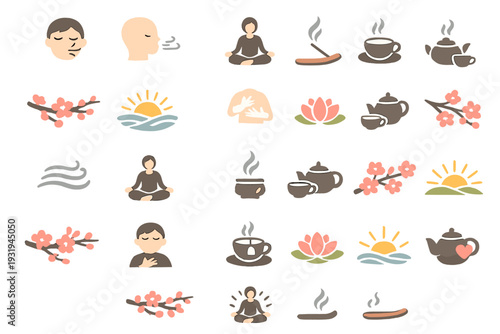 Meditation and tea icons in a simple layout showing peaceful wellness practices at sunrise
