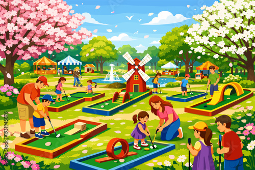 Kids play mini golf in a colorful park during a sunny day with flowers and windmill nearby