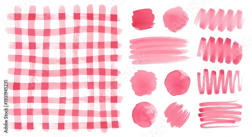 Abstract watercolor plaid pattern and various pink paint strokes and swatches on white background 