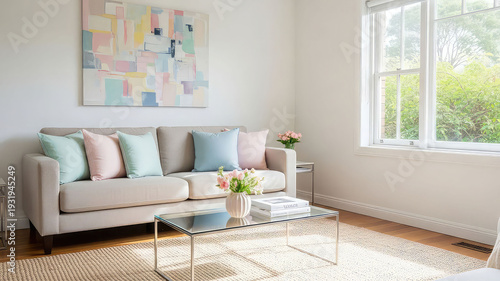 Cozy living room interior with beige sofa pastel pillows abstract art and natural light from large window