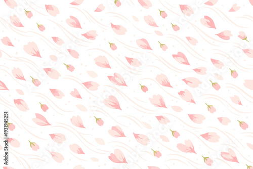 Delicate pink flower petals scatter across a light background creating a gentle pattern for spring design ideas