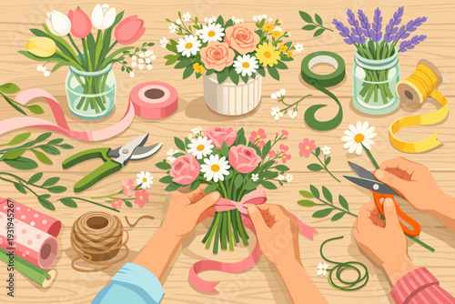 Creating flower bouquets with various plants and tools on a wooden table in a craft space during the day
