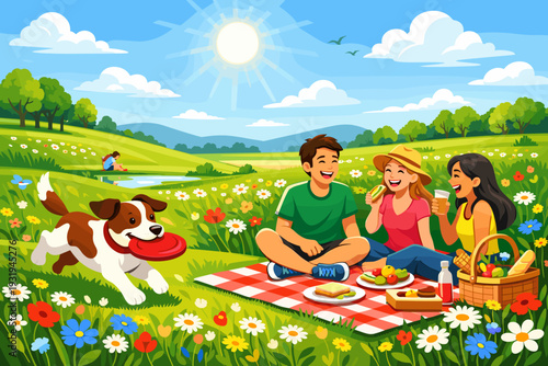 Friends enjoy a picnic on a sunny day at a park with food, drinks, and a dog playing nearby