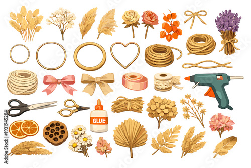Crafting supplies and tools used for making flower arrangements and decorations at a DIY workshop in the afternoon