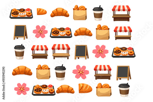 Baked goods and drinks at a market with various stalls and desserts on display