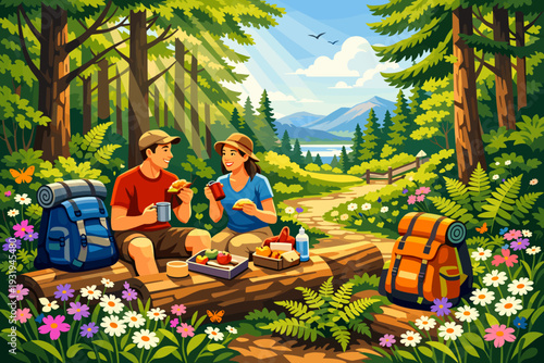 Couple enjoys lunch in a forest during a sunny day while hiking in the mountains