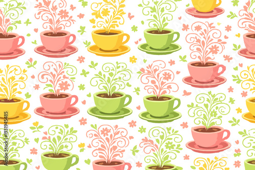 Colorful cups with flowers and plants in a playful pattern on a white background, showcasing various shapes and designs of nature