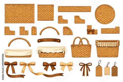 Baskets and label designs arranged on a white background for crafting and decoration purposes by artisans or crafters