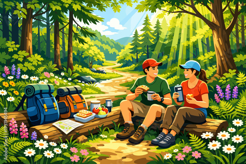 Couple enjoys picnic in forest during sunny day while sitting on log with backpacks and snacks