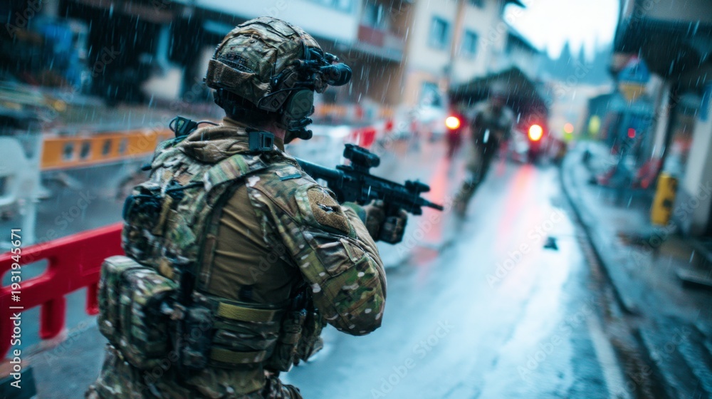 Naklejka premium Soldier Engaged in Combat in Rainy Weather with Protective Barriers Surrounding