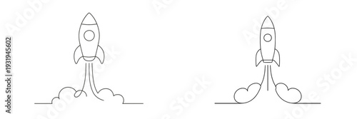 Rocket launch sequence showing the takeoff and ascent stages of a spacecraft in simple line art style
