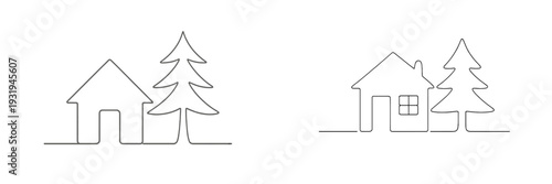 Beautiful line art of houses and trees creating a serene outdoor scene for peaceful living