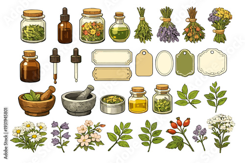 Herbs and natural remedies with jars, oils, and labels on a white background at a workspace
