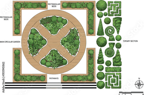 Detailed landscape architecture garden plan with circular layout, wooden pathways, rectangular beds and topiary elements, top view vector illustration for park design project