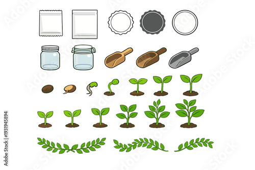 Collection of gardening tools and seeds with different plant stages and growth in one layout