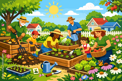 Community members work together to plant and care for a vegetable garden on a sunny day in a neighborhood setting