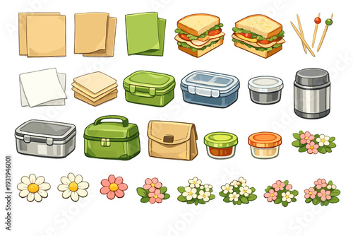 Different types of food items and containers arranged neatly for a picnic outdoors on a sunny day