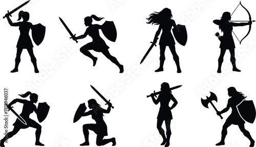 Female warrior silhouettes set with sword, shield, axe and bow poses, black flat vector illustration isolated on white background for fantasy game design