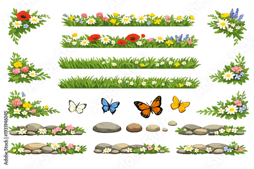 Colorful flowers, butterflies, and rocks arranged in different patterns on a white background in a creative design display for crafts
