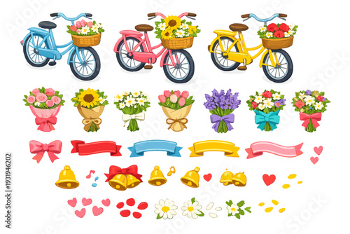 Three bicycles with flower baskets and decorations for celebrations and events in a cheerful scene