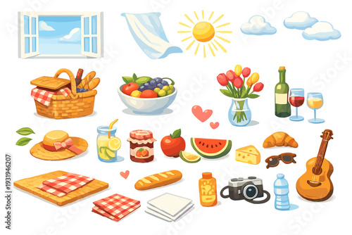 Picnic scene with food, drinks, and items arranged on a picnic blanket in a sunny outdoor setting