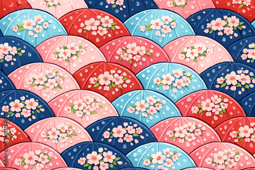 Colorful umbrellas with floral designs arranged in a pattern on a bright background in a market scene