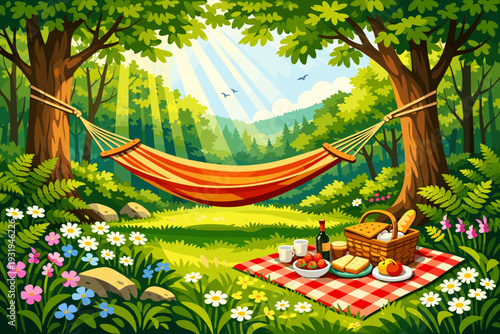 Bright sunny day in a forest with a hammock and a picnic setup in a green area with trees and flowers