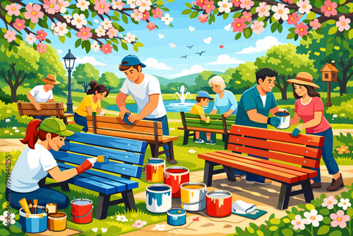 Community members gather to paint benches in a park during springtime while enjoying nature and working together