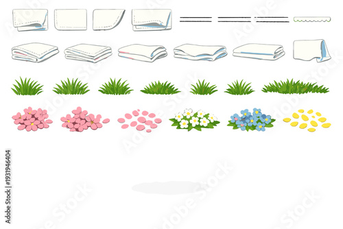 Different types of folded cloth, flower arrangements, and grass patterns are shown in a simple design on a white background