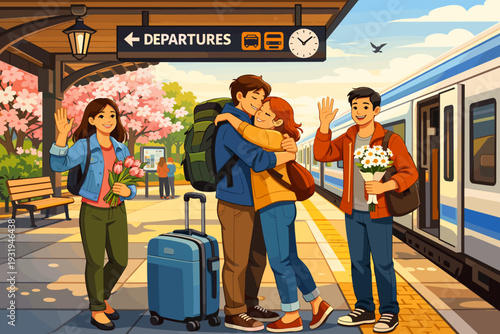 Friends say goodbye at a train station with flowers, bags, and hugs during a sunny day in spring