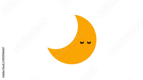 A simple illustration of a crescent moon with closed eyes, in a warm orange, on a white background