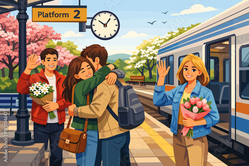 Group of friends awaits train arrival at platform 2 with flowers and hugs on a sunny day, enjoying time together