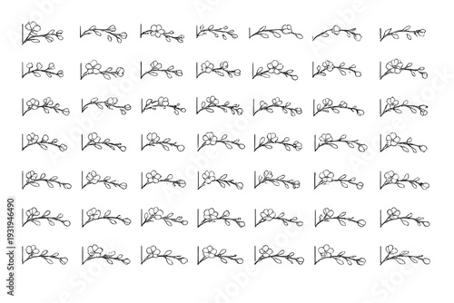 Collection of simple line drawings of plant branches with flowers and buds arranged in a grid on a plain background