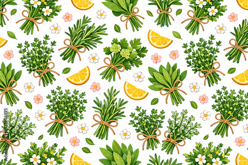 Design showing various herbs and citrus fruits arranged in a repeated pattern on a white background during daytime