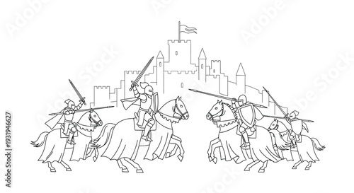 Medieval knights on horseback approach a castle depicted in a simple line drawing
