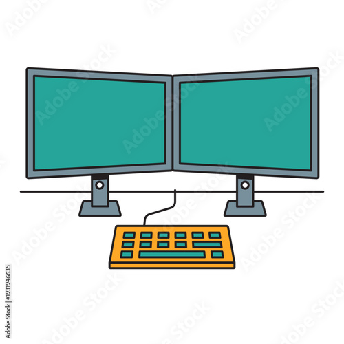 Dual monitor desktop computer illustration for editing and content creator workspace
