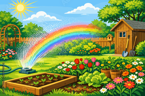 Gardening scene with a colorful rainbow above a lush garden during sunny daytime