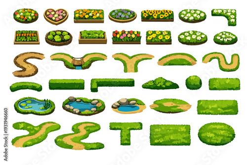 Different types of garden layouts and shapes arranged in various patterns on a white background