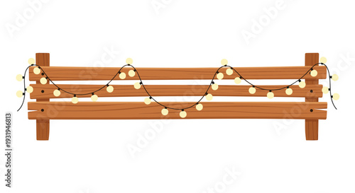 An image of a simple wooden fence with a garland of small round bulbs hanging from it, a soft, warm yellow color.