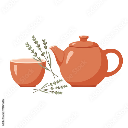A round ceramic teapot, shown next to a matching cup. Several dried lavender sprigs are scattered carelessly nearby. Isolated on a transparent background.