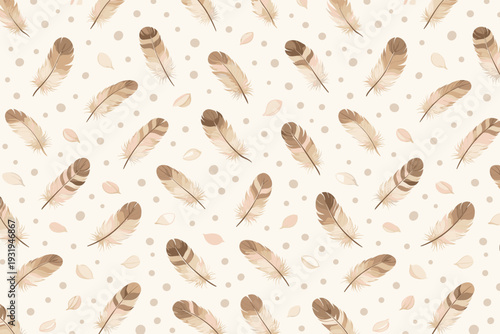 Light brown feathers and leaves on cream background create a simple pattern for crafts and designs, offering natural inspiration for art work